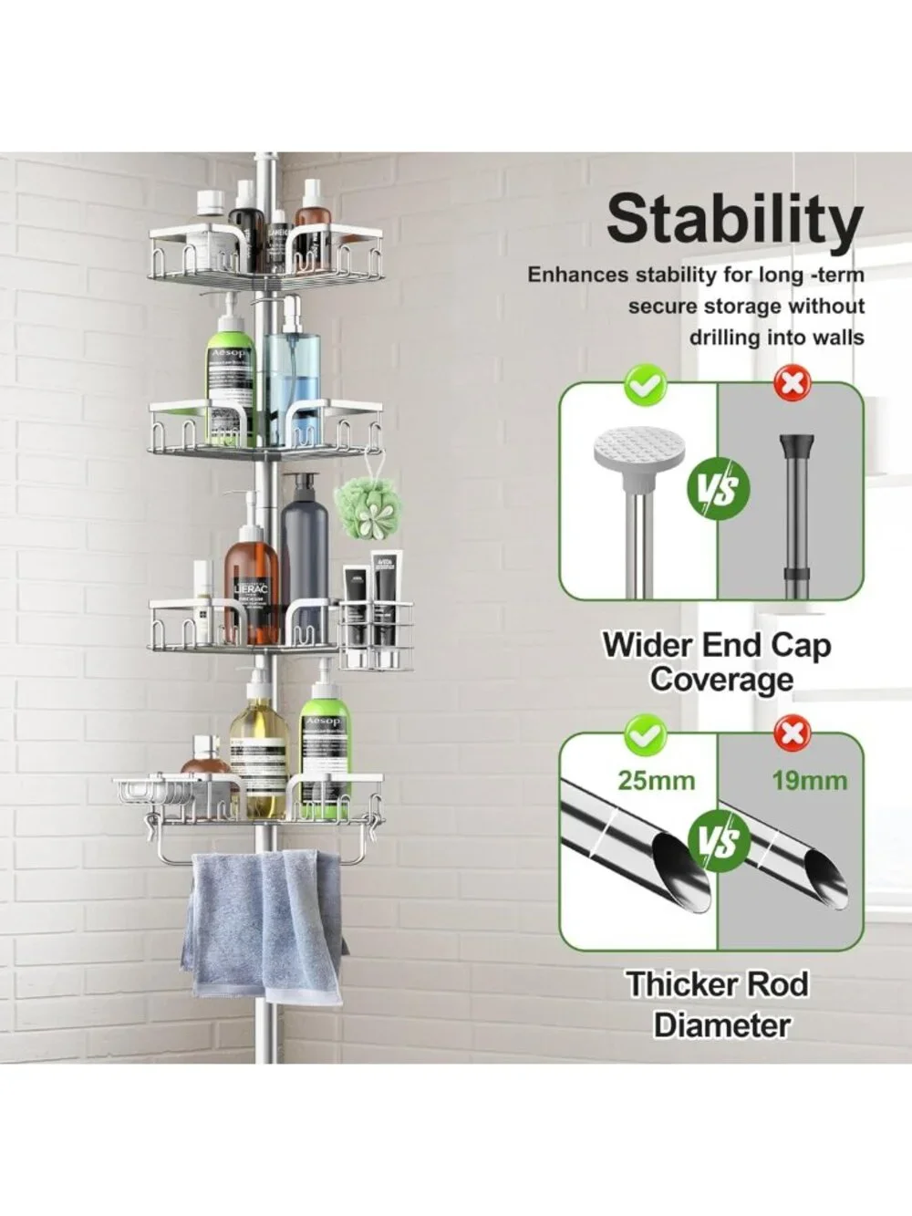 Adjustable 4-Tier Corner Shower Caddy Tension Pole - Stainless Steel Organizer
